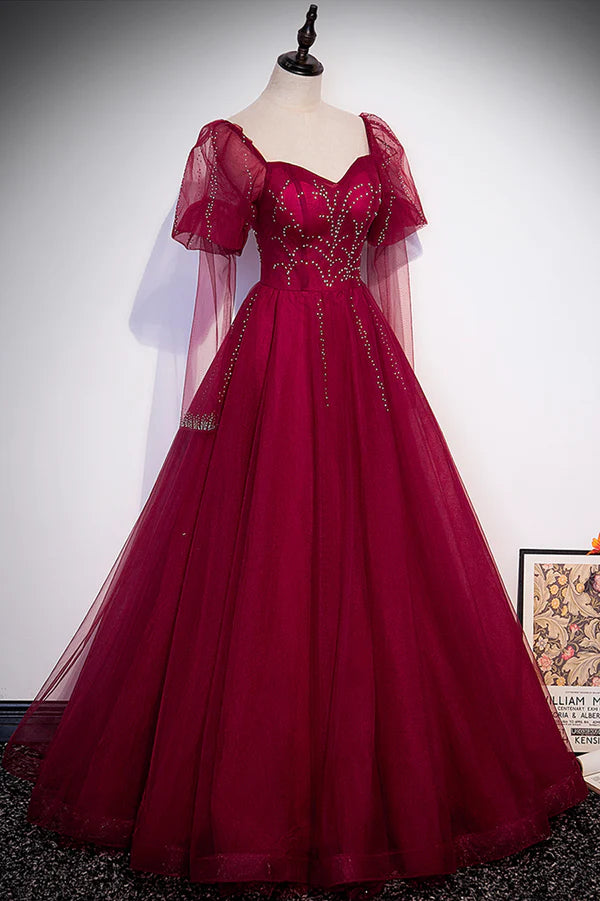 Wholesale Burgundy Tulle Beaded Long Sleeve Prom Dress A-Line Evening Graduation Dress